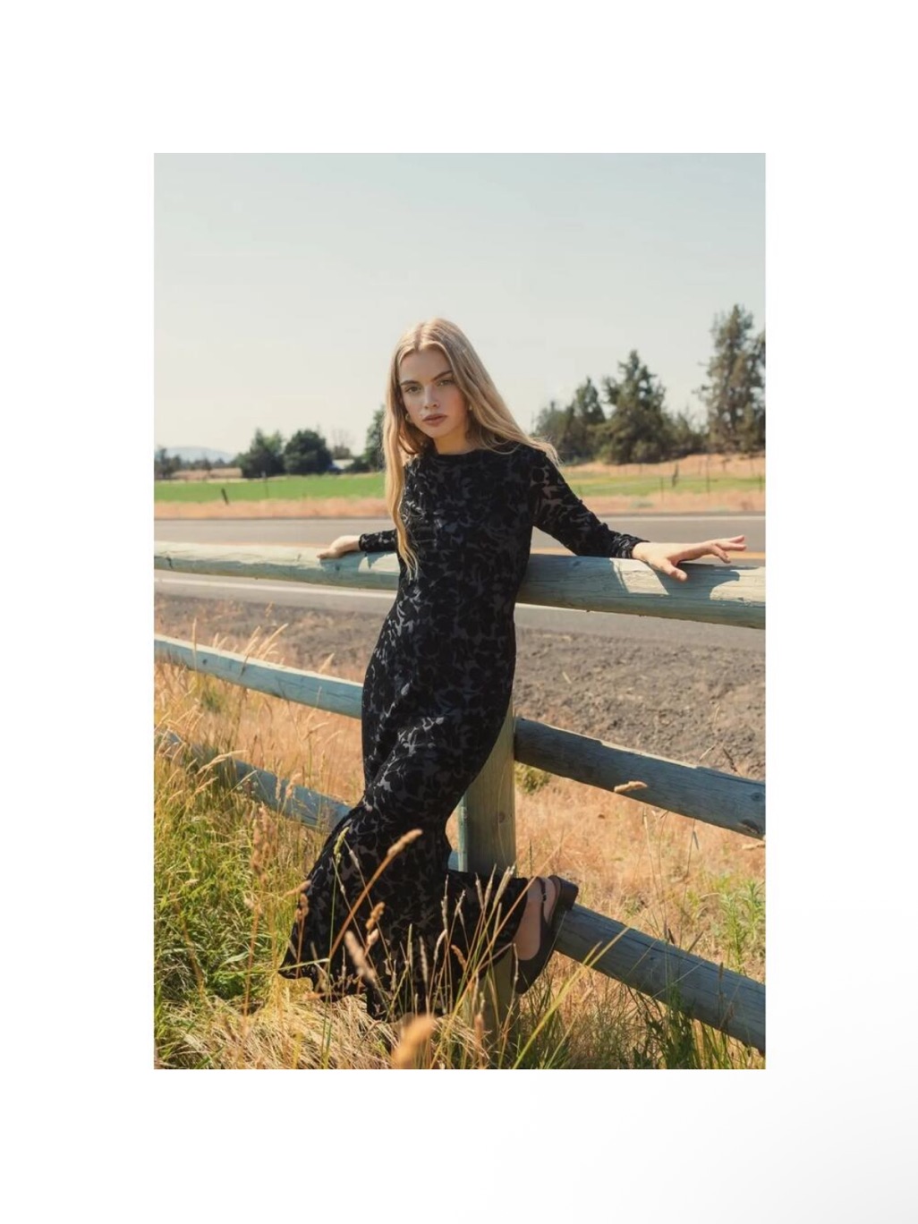 Mac Duggal 81129 Black Burnout Velvet Long Sleeve Ruffle Hem Midi Dress Sz 8